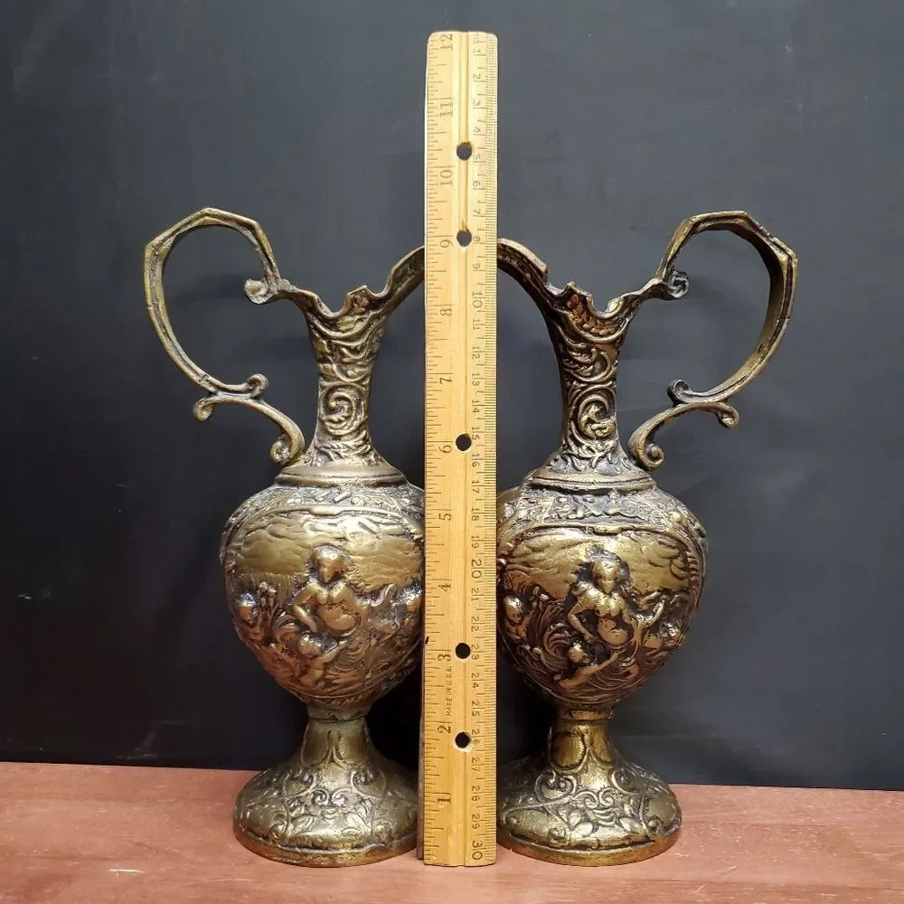 Antique Ornate Victorian Brass Cherub Ewer Pitcher Pair
